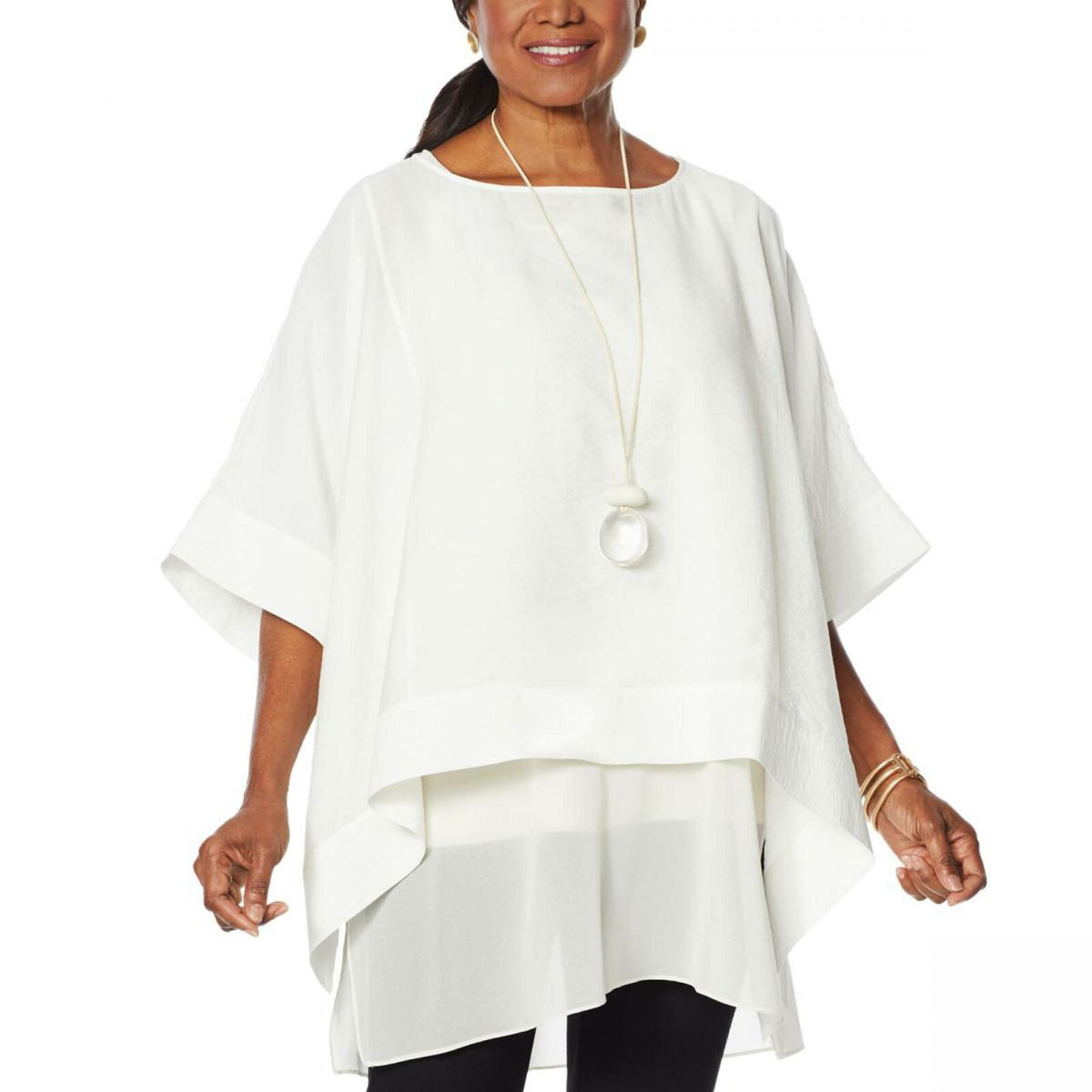 Jewel Neck Layered Chiffon Poncho Top and Wide Leg Pant Suit Champagne