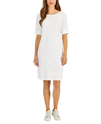 Karen Scott Womens Petite Cotton Boat-Neck Elbow-Sleeve Dress White PS