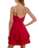 City Studios Pearl-Strap Sleeveles Tiered Fit & Flare Dress Garnet Red 7/8