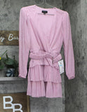 B. Darlin Metallic V-Neck Belted Ruffled Tiered Sheer Sleeved Dress Pink 5/6