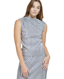 Calvin Klein Womens Sleeveless Pleated Metallic Top M2XHM865 Silver Gray XS