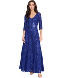 Tahari Asl Womens V-Neck Sequined Embroidered Gown Dress Deep Royal Blue 8