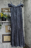 R&M Richards Off-The-Shoulder Lace Gown- Mother of The Bride Dress Steel Gray 12