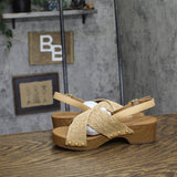 Style & Co. Faux Wood Criss Cross Heeled Sandals Creme Off White / Tan Brown 5M