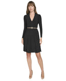 Tommy Hilfiger Pleated V Neck Long Sleeve Belted Fit Flare Midi Dress Black 2