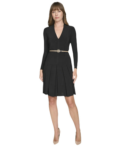 Tommy Hilfiger Pleated V Neck Long Sleeve Belted Fit Flare Midi Dress Black 2