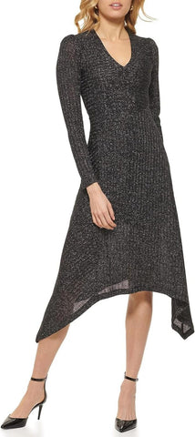 DKNY Womens Long Sleeve V-Neck Ribbed Dress P2IDSOLM Black / Silver M