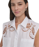 DKNY Womens Cotton Sleeveless Ladder-Trim Blouse P5DM0B45 White M