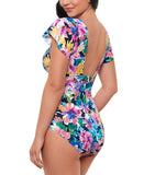 Swim Solutions Neck Garden Dreams Flutter One-Piece Swimsuit Navy Blue Multi 12
