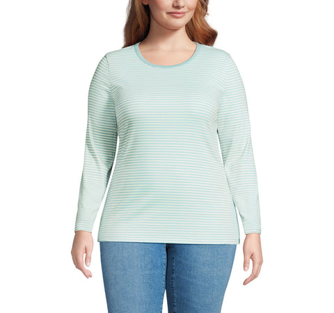 Lands' End Size Long Sleeve Micro Rib Crewneck Top Aqua Stripe Green Blue 2X