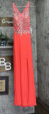 Blondie Nites Juniors Embellished Mesh Front-Slit Gown BRIGHT Coral Pink 1