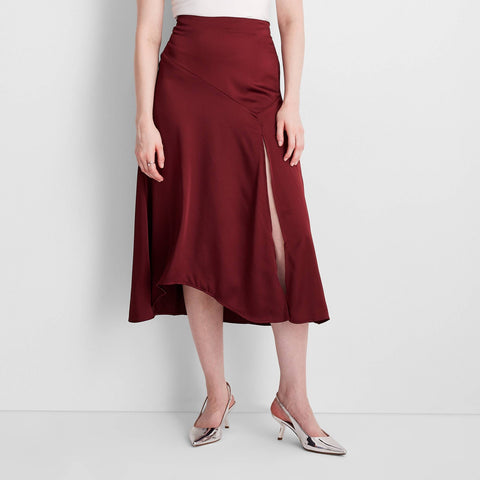 Future Collective Womens Holiday Flowy Satin Midi Skirt 92248804 Burgundy Red XS