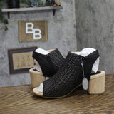 G.C. Shoes Rosette Woven Block Heel Dress Sandals with Back Zip Black 8.5M
