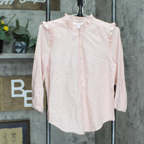 LC Lauren Conrad Babydoll Ruffle Neck Sleeve Blouse Shirt Top Pink Stripe S