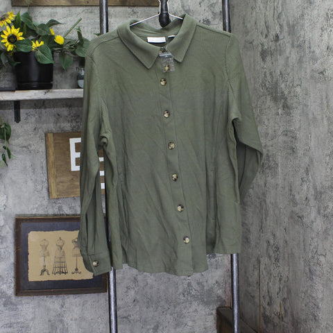 Belle By Kim Gravel Knit Jersey Button-Front Collared Shirt Tea Leaf Green 1X