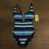 Michael Michael Kors Womens Ring Striped One-Piece Swimsuit Black Blue Multi 6