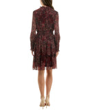Taylor Petite Sheer Long-Sleeve Chiffon Smocked Waist Dress Red Crimson Multi 8P