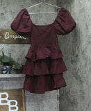 Crystal Doll Sweetheart-Neck Puffed Sleeve Fit Flare Dress Merlot Red 2XS