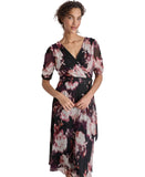 DKNY Tie-Waist Ruched Puff Sheer Sleeves Dress Raisin Purple Multi 4