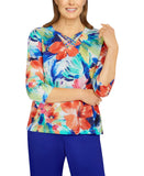 Alfred Dunner Womens Plus Size Amalfi Coast Watercolor Floral Top Blue Multi 2X
