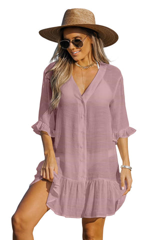 Cupshe Womens Front Button Ruffled Cover-Up Dress Dusty Rose Pink M