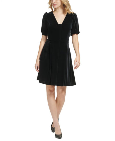 Karl Lagerfeld Paris Women's Velvet Puff-Sleeve A-Line Dress LD2HV511 Black 8