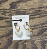 Francesca's Enamel Heart Faux Pearl Huggie Hoop Earrings Gold / Light Blue 1.75"