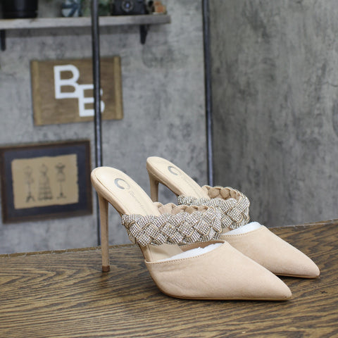 Journee Collection Hazzl Braided Rhinestone Stiletto Heels Nude Beige Brown 8.5M
