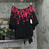 Sam & Jess Womens Off-the-Shoulder Floral Tie-Hem Top Rich Black / Red M