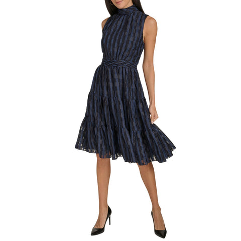 Calvin Klein Womens Checkered Shimmering Tiered A-Line Midi Dress Indigo Blue 8