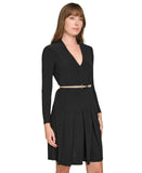 Tommy Hilfiger Pleated V Neck Fit Flare Long Sleeved Knit Midi Dress Black 4