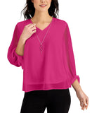Jm Collection Womens Woven Tie-Sleeve Blouse With Necklace Top Fuchsia Pink L