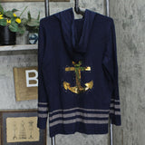 Quacker Factory Womens Sequin Naturcal Full Zip Knit Jacket Navy Blue L