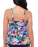 Swim Solutions Garden Swan Triple-Tiered Tankini Swim Top Navy Multi Blue 10