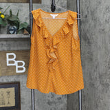 Lauren Conrad Polka Dot Ruffle Front Sleeveless Shirt Rust Orange / White S