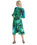 DKNY Womens Printed Sash Tie V Neck Tulip Hem Midi Dress Black / Green 6