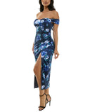 City Studios Womens Printed Off-The-Shoulder Dress Gown 5126AH9AT3 Navy Blue 12