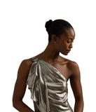 Lauren Ralph Lauren Chiffon One-Shoulder Gown Pewter Brown Silver Foil 10