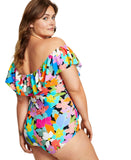 Swim Solutions Off-The-Shoulder Ruffled Swimsuit Floral Frenzy Multi Blue 18W