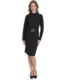 Halston Womens Mock-Neck Belted Long-Sleeve Dress HS4I2AYE Black M