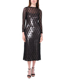 Cece Womens Metallic Lace-Over Long-Sleeve Midi Dress Black XS
