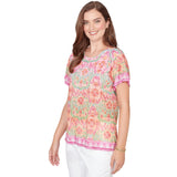Ruby Rd Damask Print Knit Scoop Neck Short Sleeve Tee Fuschia Pink Multi 1X