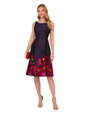 Adrianna Papell Pockets Pleated Floral Jacquard Dress Navy Blue / Pink Multi 6