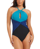 Beyond Control Swimwear Colorblock High Neck One Piece Swimsuit Blue Multi 12