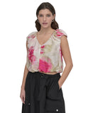 DKNY Womens Floral-Print V-Neck Cap-Sleeve Top May Watercolor Pink Multi M