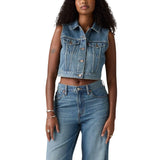 Levi's Womens Denim Cropped Button Up Vest Jean Trucker Compare Notes Blue M
