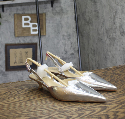 Michael Michael Kors Womens Shiny Luna Kitten Sling Pumps Silver Gray 6.5M