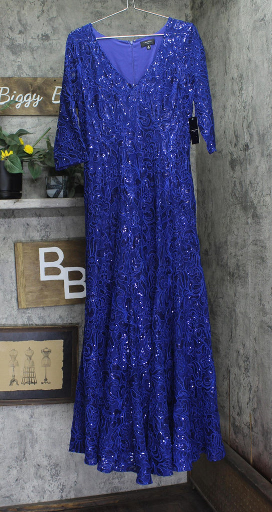 Tahari Asl Womens V-Neck Sequined Embroidered Gown Dress Deep Royal Blue 8