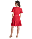 DKNY Petite Satin Flutter Tiered Sleeve V Neck Fit Flare Dress XD4ITB82 Red 8P