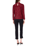 MSK Womens Sequin Keyhole Neck Long Sleeved Top Blouse Dark Wine Red L